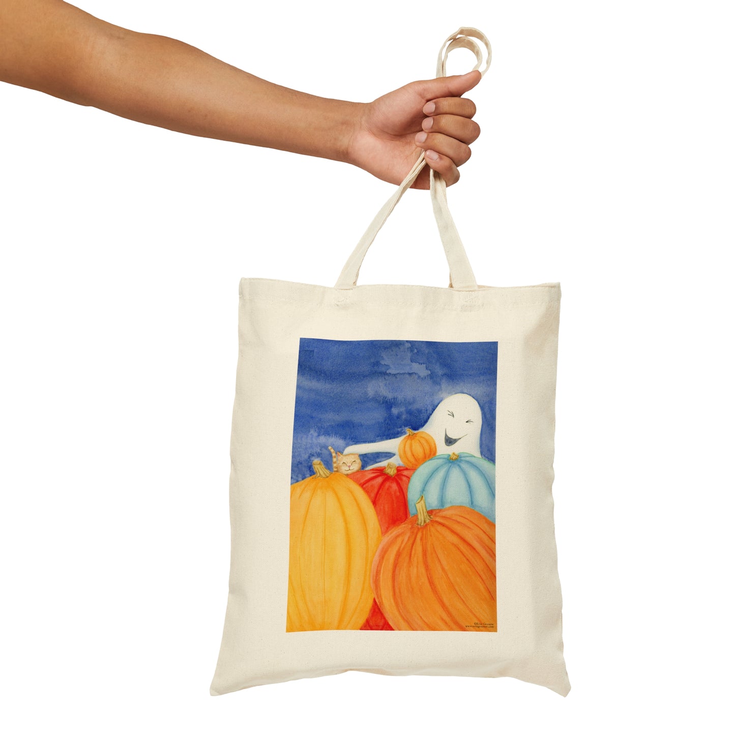 Canvas Tote 100% Cotton - Ghost with Pumpkins and Cat - The Ghostie Series