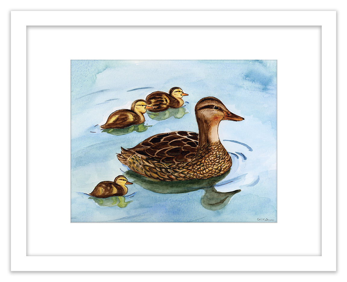 Evening Swim (Mama Duck with Ducklings) - Framed Original Watercolor Painting