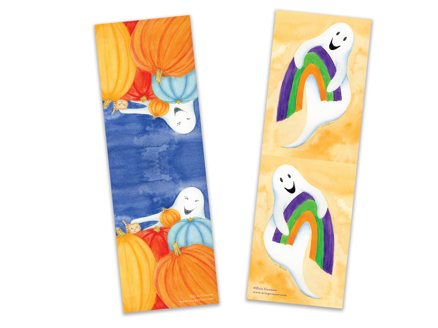 Folded Bookmarks - Set of 4 - The Ghost Series - Ghosts, Pumpkins, Hearts, Rainbow - Handmade, 100% cotton rag heavy weight paper