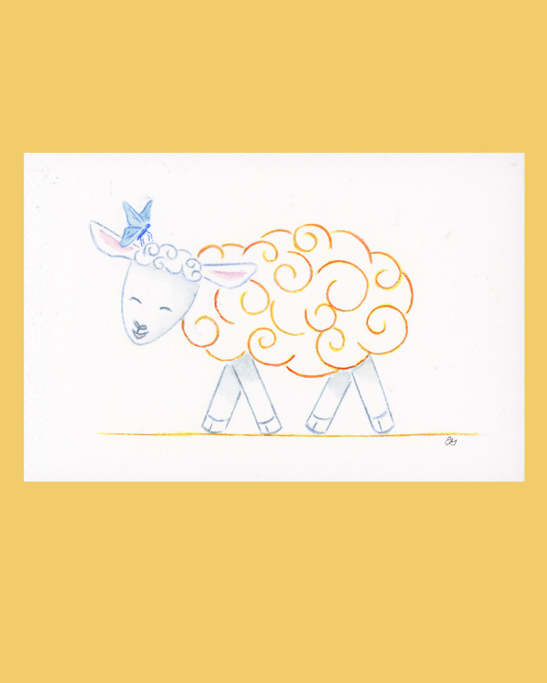 Clementine the Sheep watercolor artwork on a warm yellow background