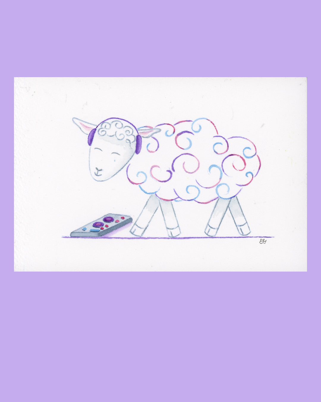 DJ Curlz the Sheep watercolor artwork on a lavender background