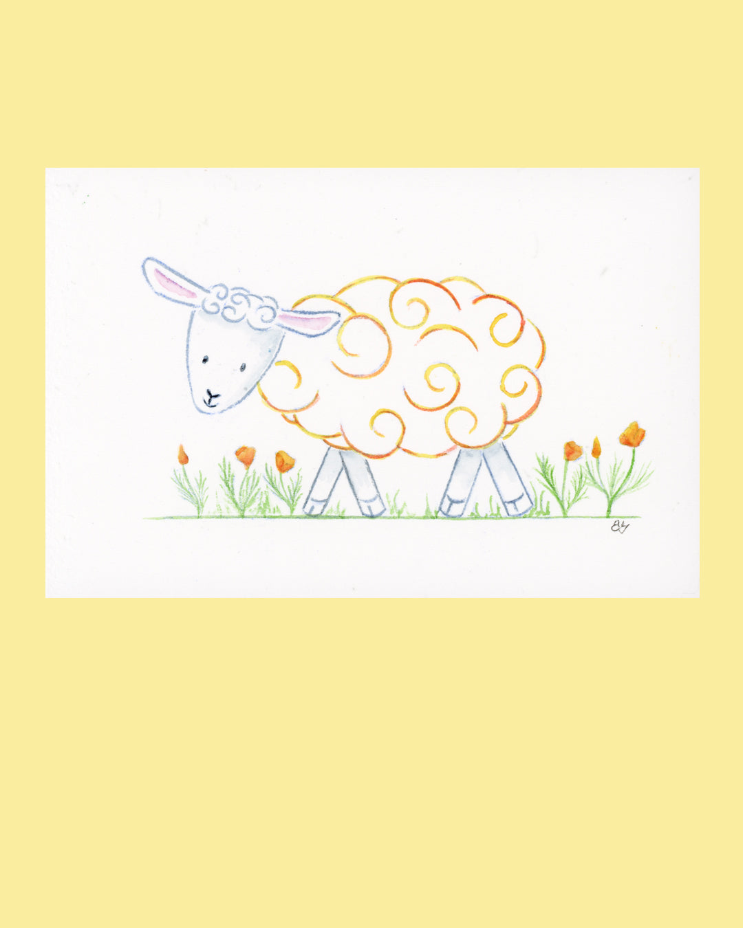 Poppy the Sheep watercolor artwork on a soft yellow background