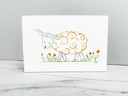 Front view of the Poppy the Sheep watercolor panel