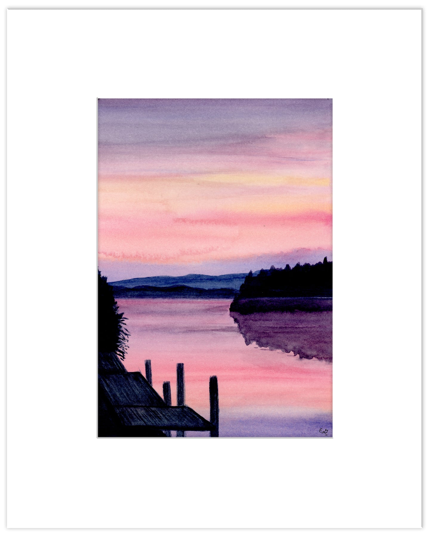 Pink Lake Sunset Sketch - Matted Original Watercolor Sketch
