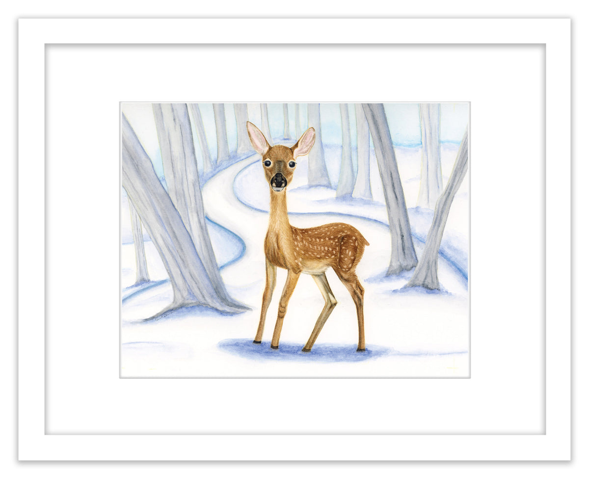 Winter Fawn - Framed Original Watercolor Painting