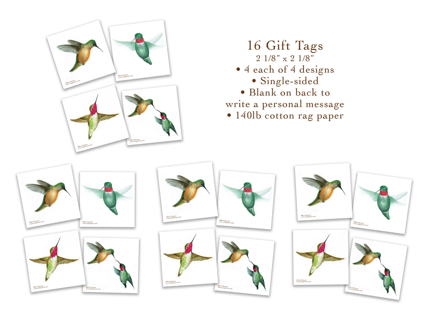 16 Gift Tags with 20 Stickers in Gift Box - The Hummingbird Series - Thank You, Love, Friendship Handmade, 100% cotton heavy weight paper
