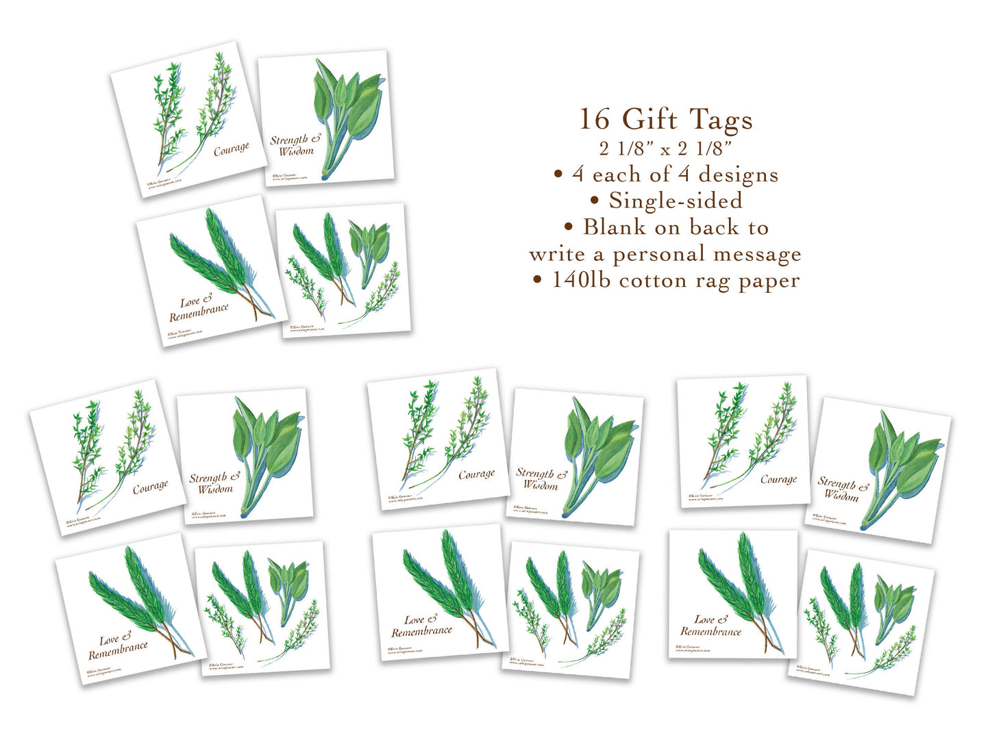 16 Gift Tags with 20 Stickers in Gift Box - The Culinary Herb Series - Rosemary, Sage, Thyme Handmade, 100% cotton rag heavy weight paper