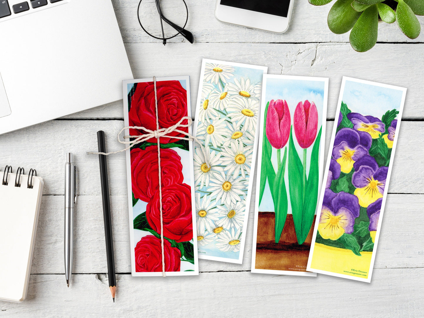 Bookmarks - Set of 4 - Daisies and Tulips - Handmade, 100% cotton rag heavy weight paper