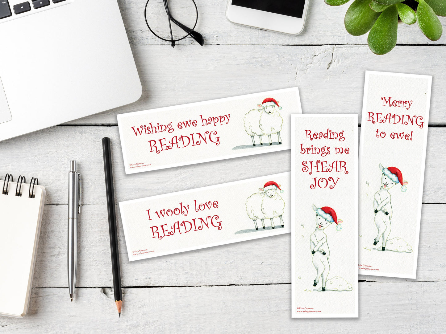 Bookmarks - Set of 4 - Holiday Sheep Series - Holiday Sheep, Santa Sheep, Merry Reading, Handmade, 100% cotton rag heavy weight paper