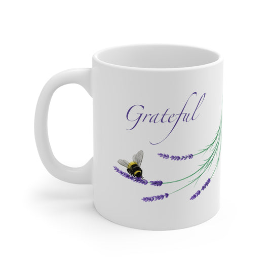 Ceramic Mug 11oz - Grateful - Lavender with Bee - The Lavender Series
