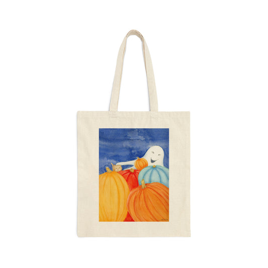 Canvas Tote 100% Cotton - Ghost with Pumpkins and Cat - The Ghostie Series