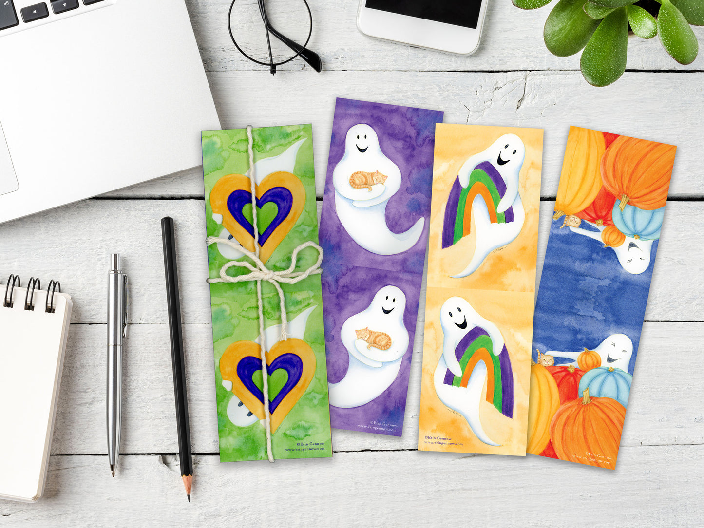 Folded Bookmarks - Set of 4 - The Ghost Series - Ghosts, Pumpkins, Hearts, Rainbow -  Handmade, 100% cotton rag heavy weight paper