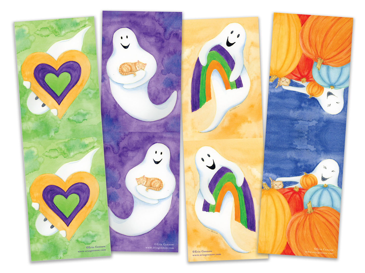 Folded Bookmarks - Set of 4 - The Ghost Series - Ghosts, Pumpkins, Hearts, Rainbow -  Handmade, 100% cotton rag heavy weight paper