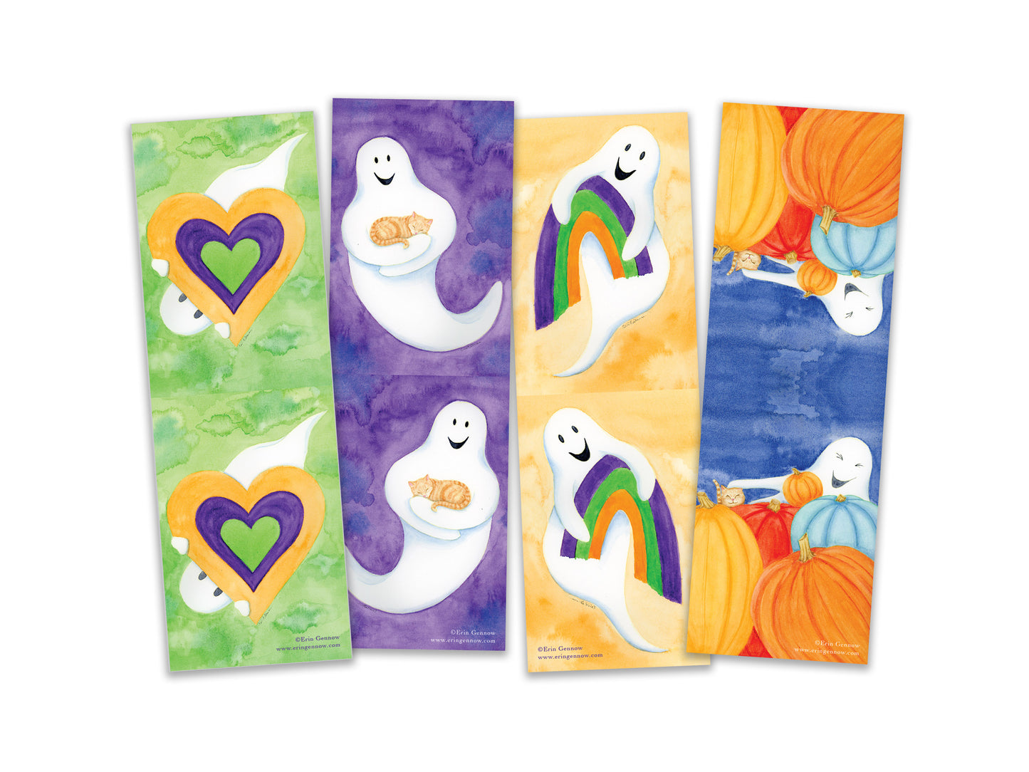 Folded Bookmarks - Set of 4 - The Ghost Series - Ghosts, Pumpkins, Hearts, Rainbow -  Handmade, 100% cotton rag heavy weight paper