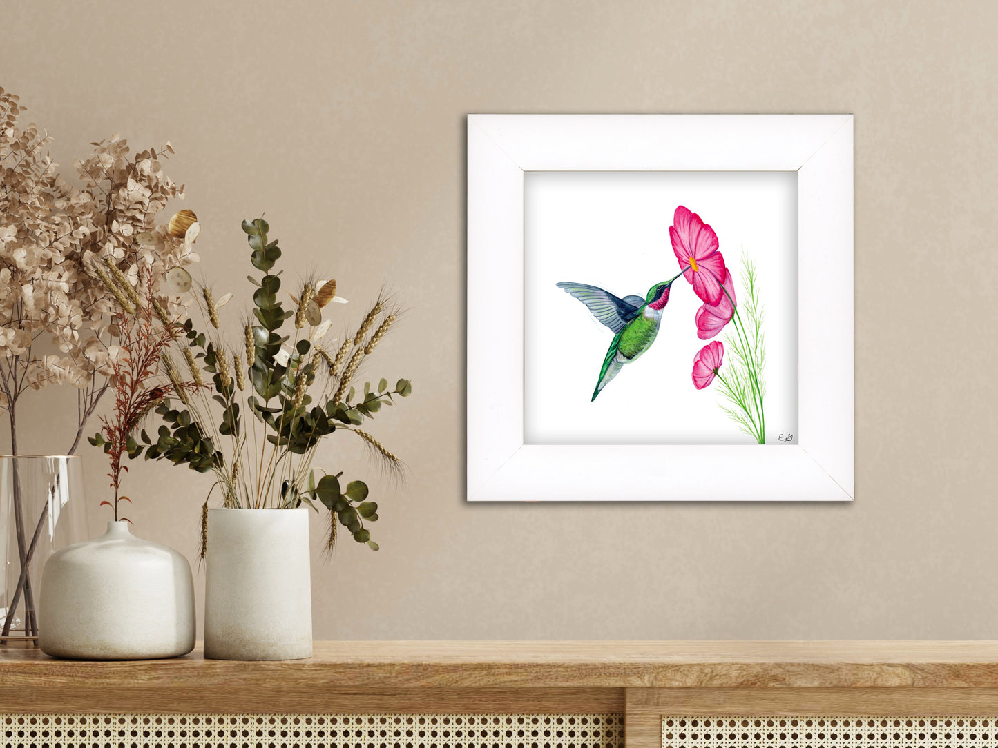 Hummingbird with Cosmos Flower - Framed Fine Art Print - The Hummingbird Series