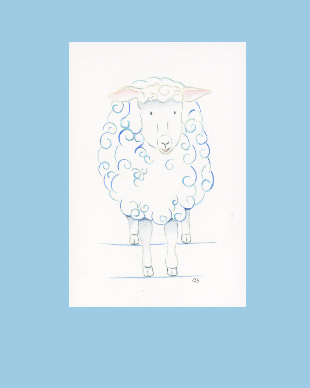 Bella the Sheep watercolor artwork on a soft blue background