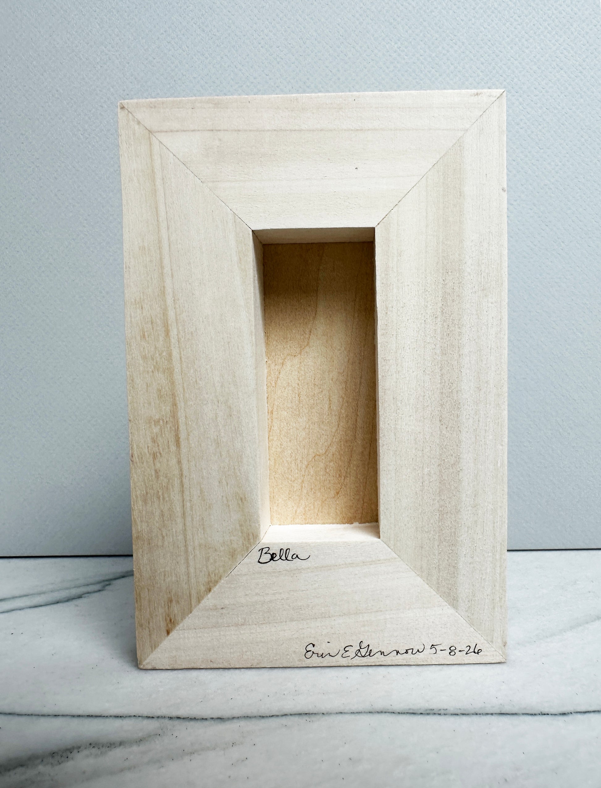 Back of the Bella the Sheep wood panel, ready to hang or display on a shelf