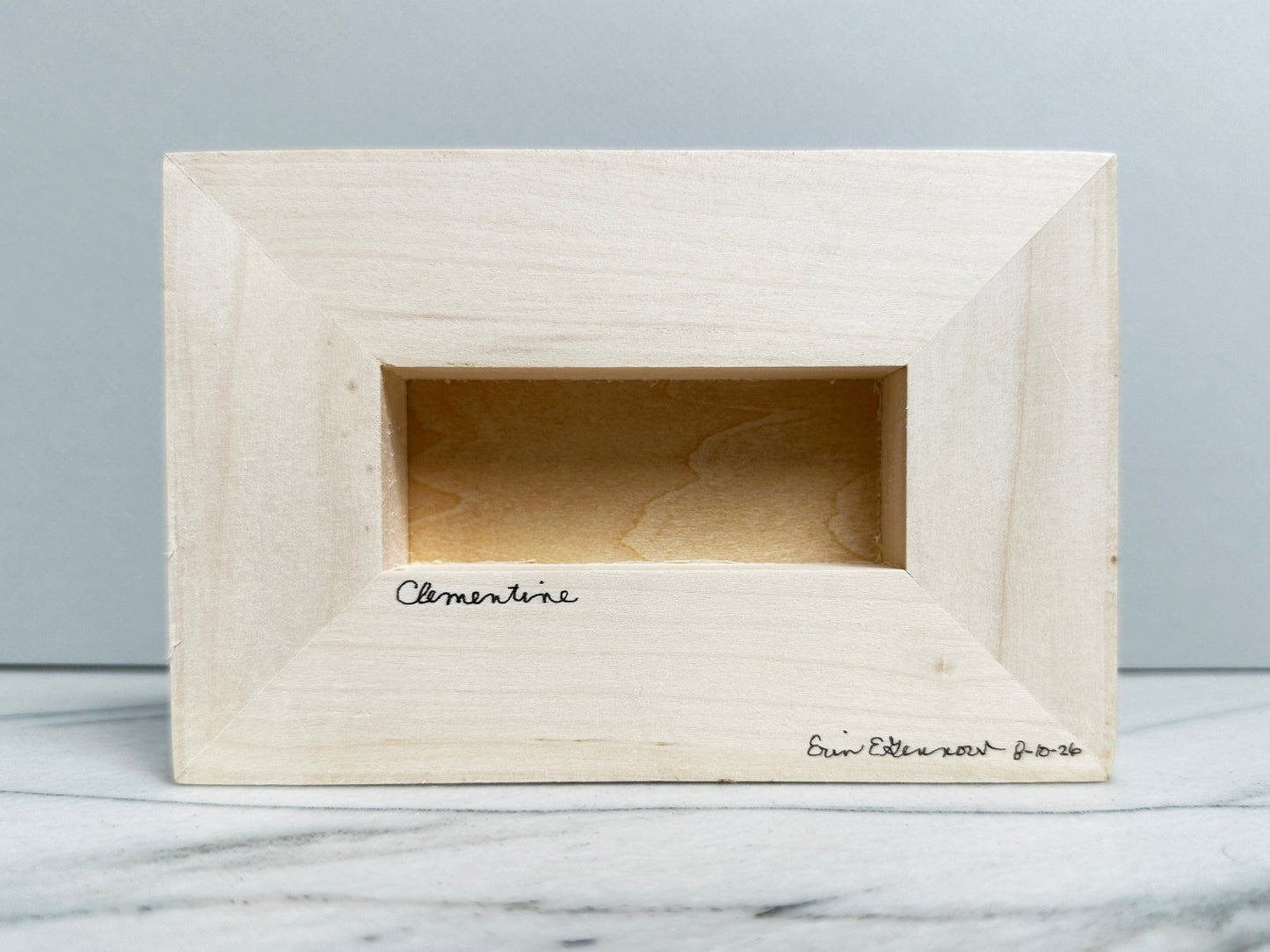 Back of the Clementine the Sheep wood panel, ready to hang or display on a shelf
