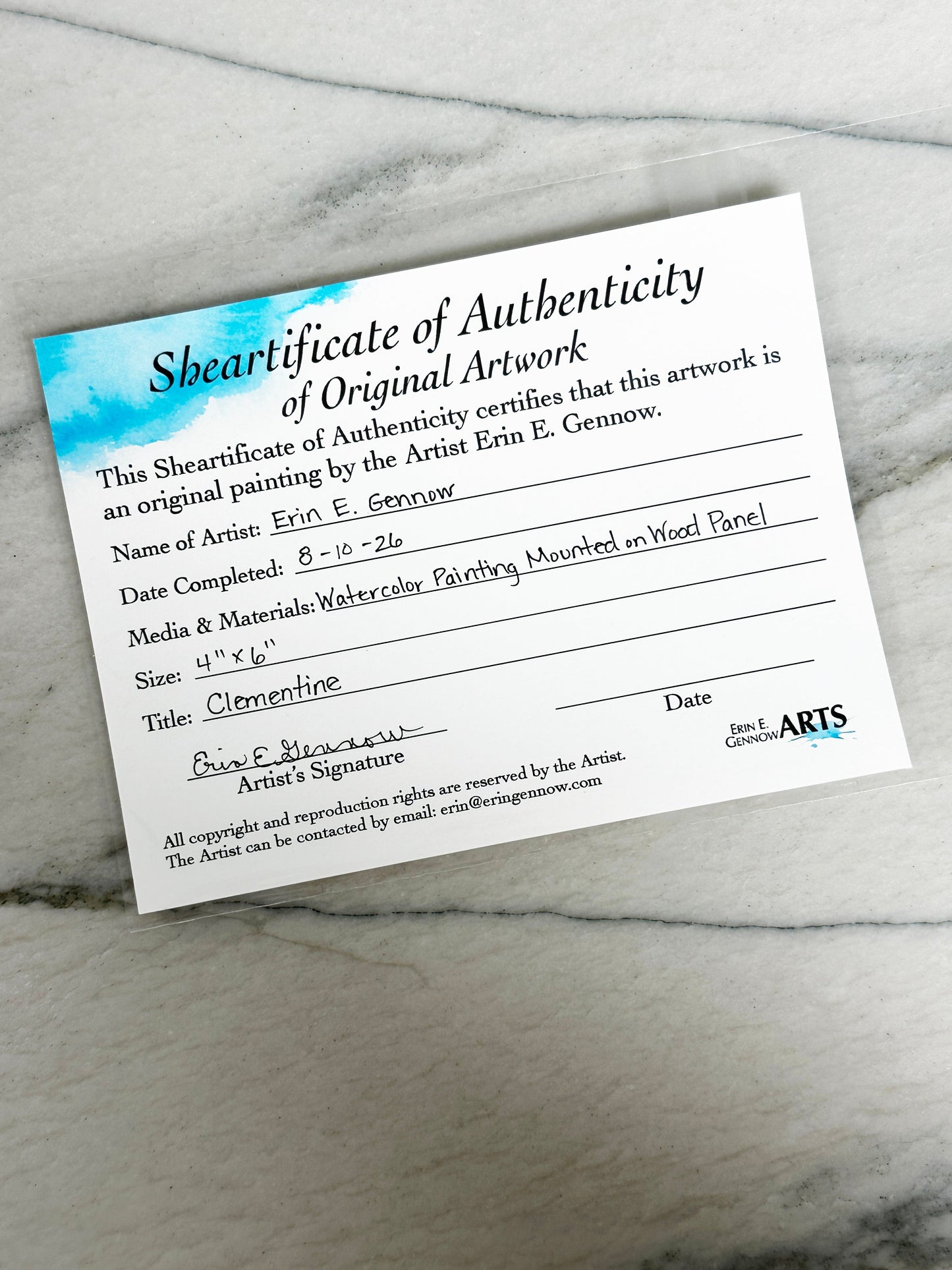 Shear-tificate of Authenticity included with Clementine the Sheep, signed by artist Erin E. Gennow