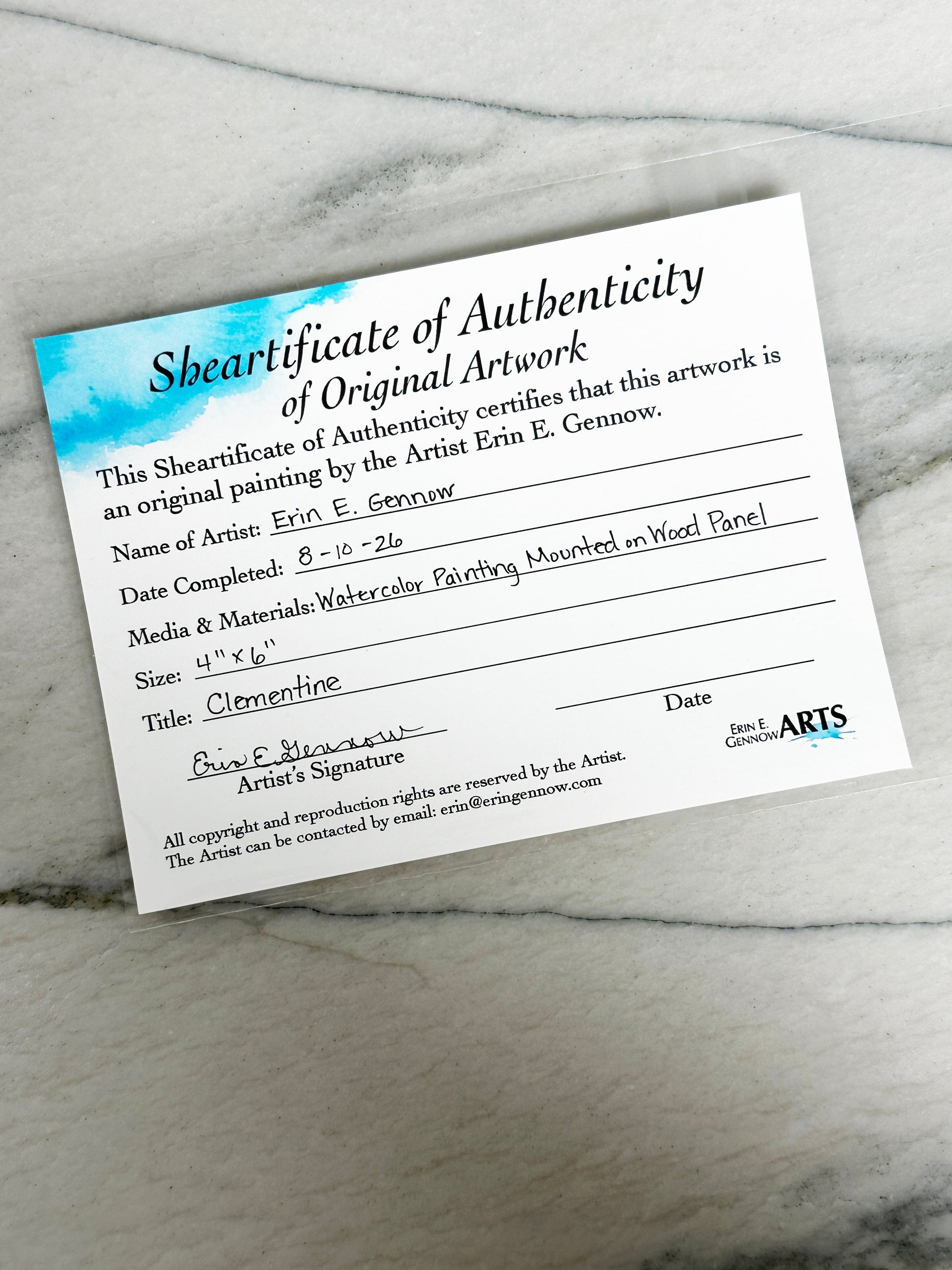 Shear-tificate of Authenticity included with Clementine the Sheep, signed by artist Erin E. Gennow