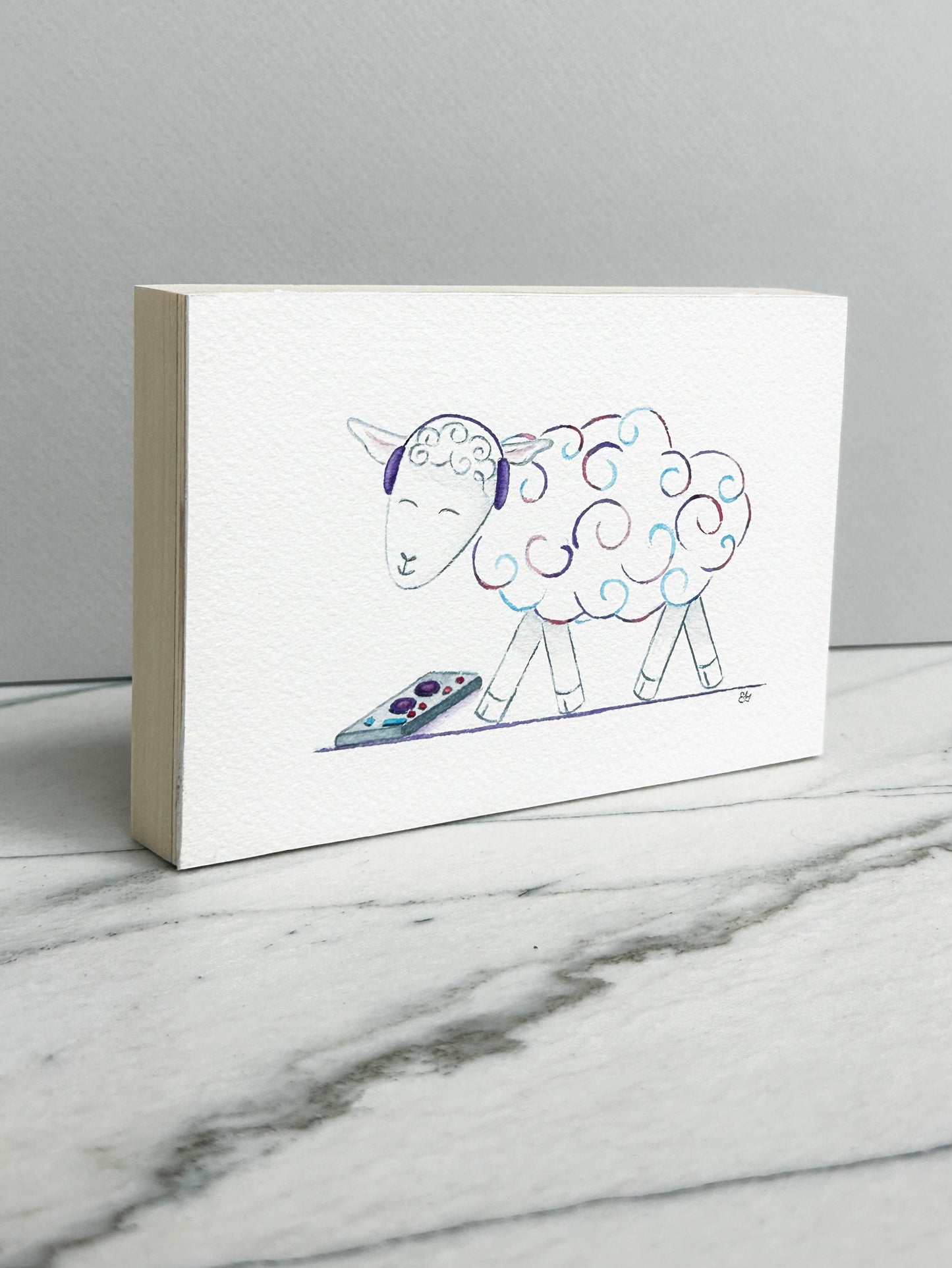 Second side view of the DJ Curlz the Sheep watercolor panel