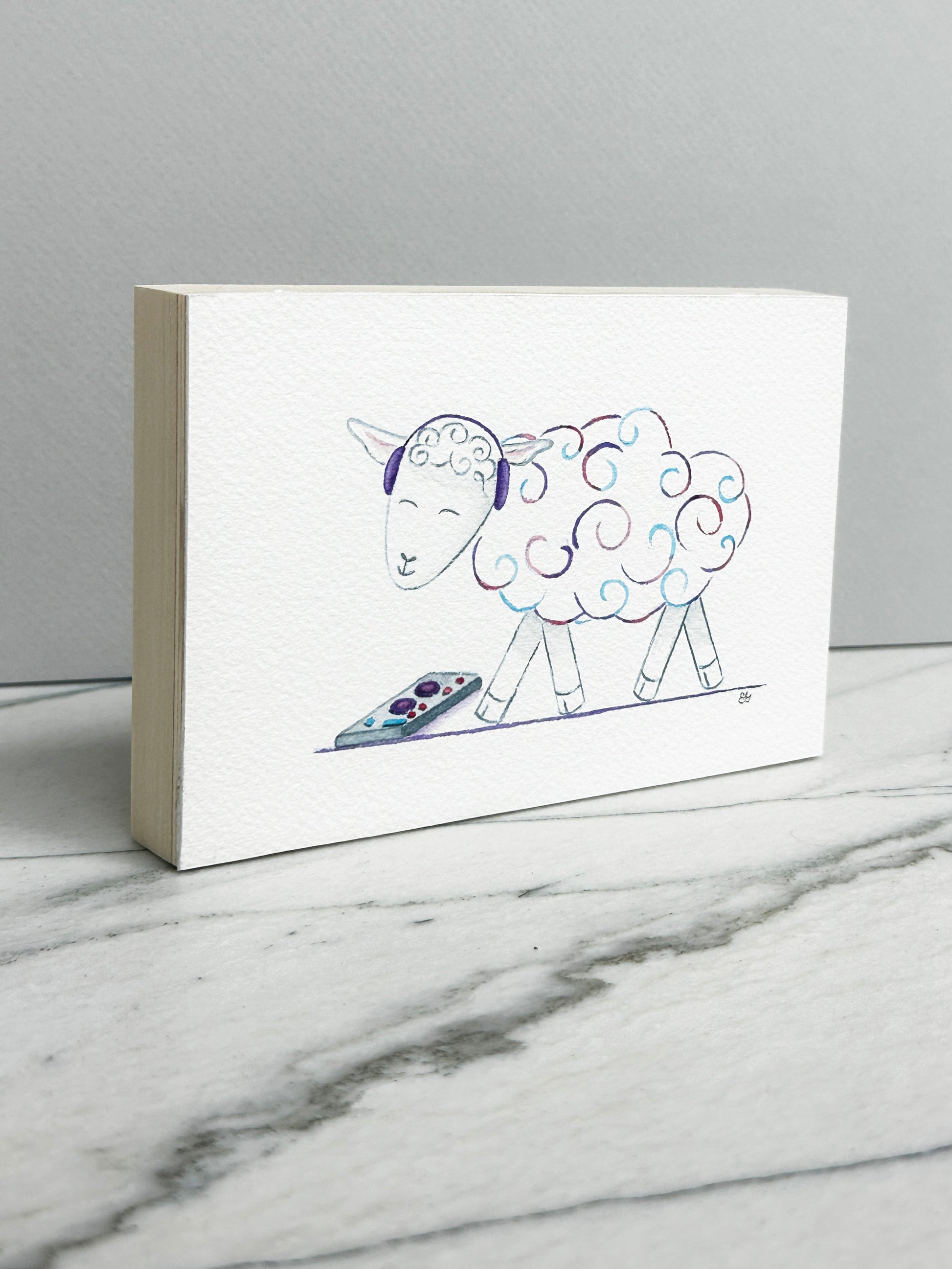 Second side view of the DJ Curlz the Sheep watercolor panel