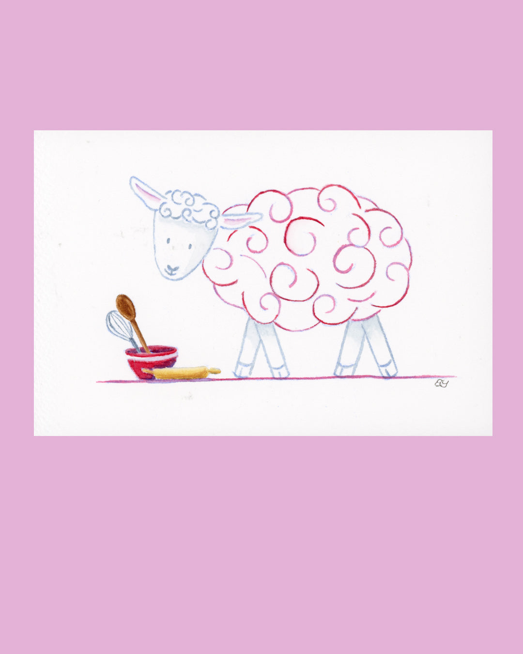 Molly the Sheep watercolor artwork on a soft pink background