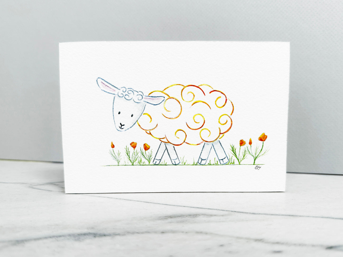 Front view of the Poppy the Sheep watercolor panel