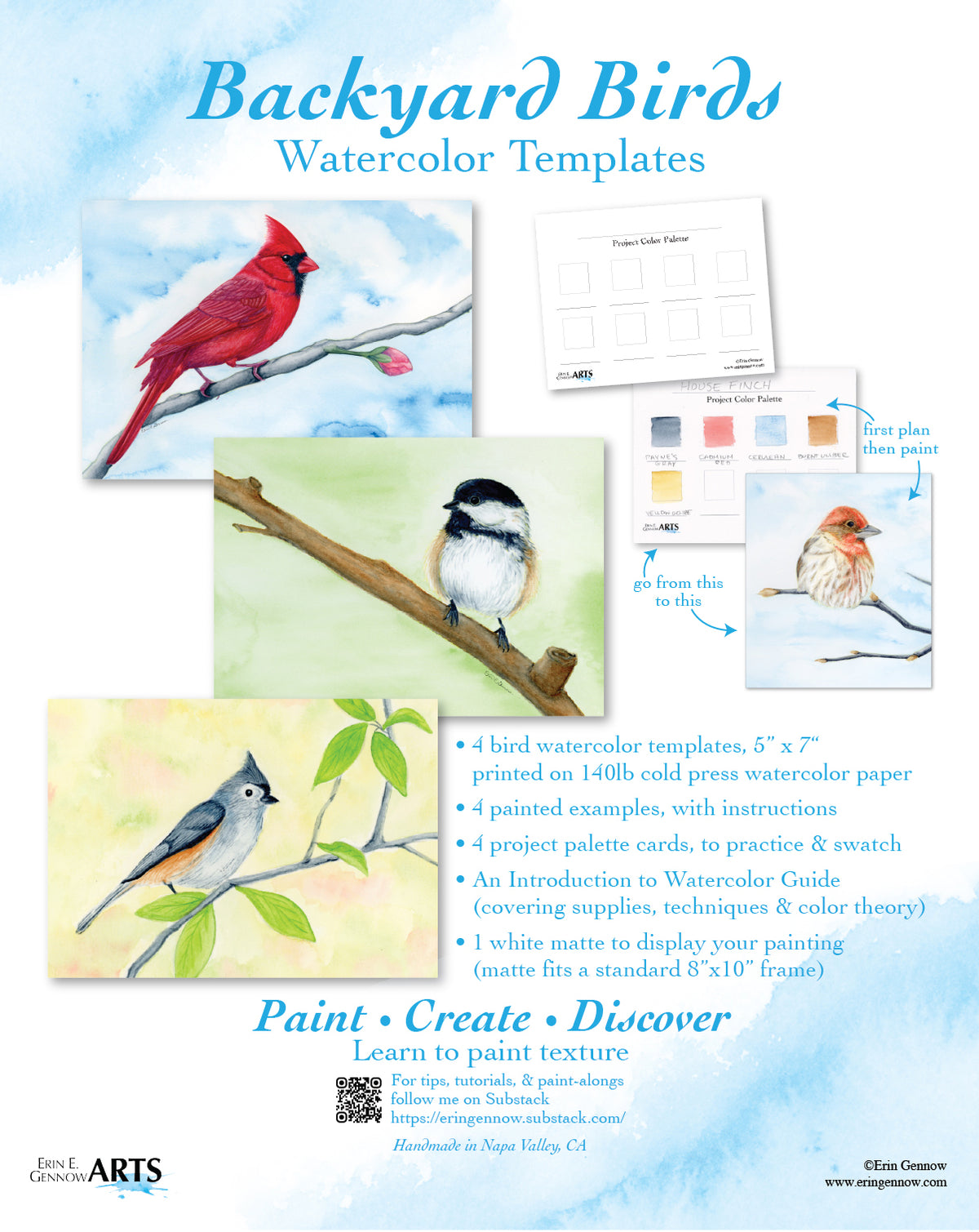 Backyard Birds Watercolor Template Kit, Cardinal, Chickadee, Oak Titmouse and House Finch examples with palette cards and what is included