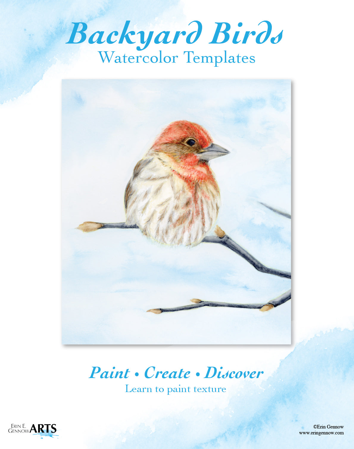 Backyard Birds Watercolor Template Kit, House Finch painted example on the kit cover