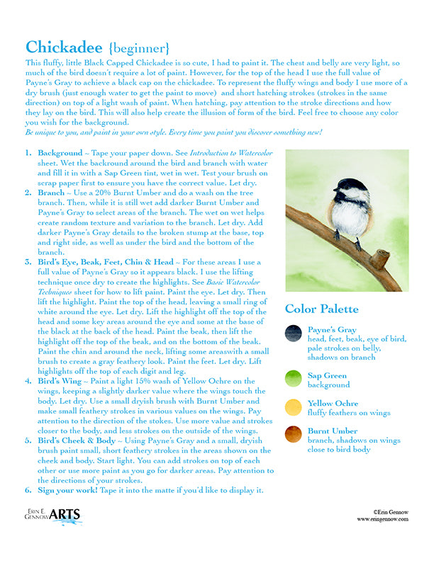 Backyard Birds Watercolor Template Kit, Chickadee step-by-step instructions and color palette