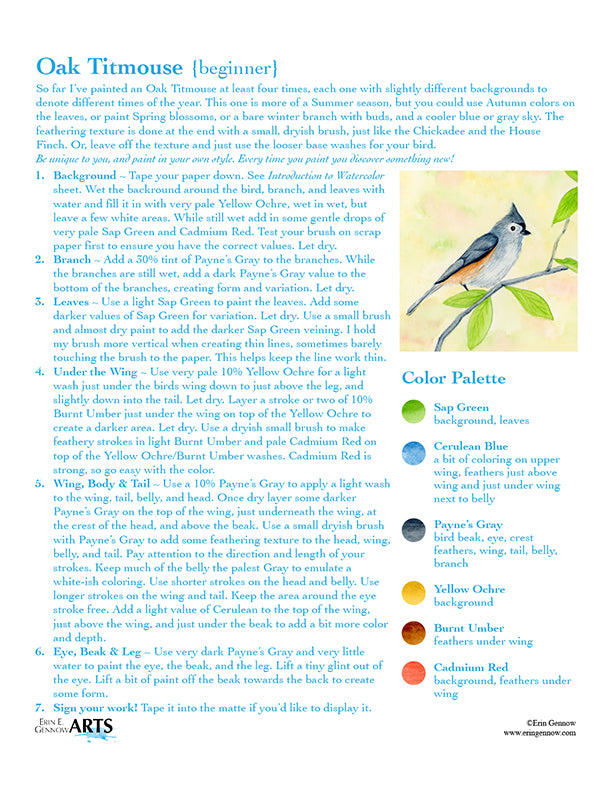 Backyard Birds Watercolor Template Kit, Oak Titmouse step-by-step instructions and color palette