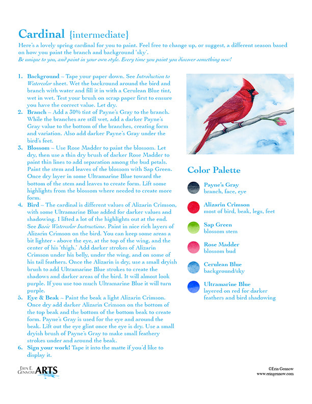 Backyard Birds Watercolor Template Kit, Cardinal step-by-step instructions and color palette