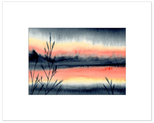 Autumn Reflection Sunset - Matted Original Watercolor Sketch