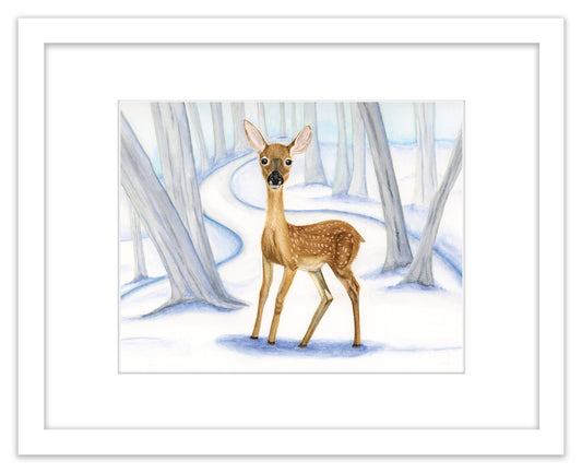 Winter Fawn - Framed Original Watercolor Painting