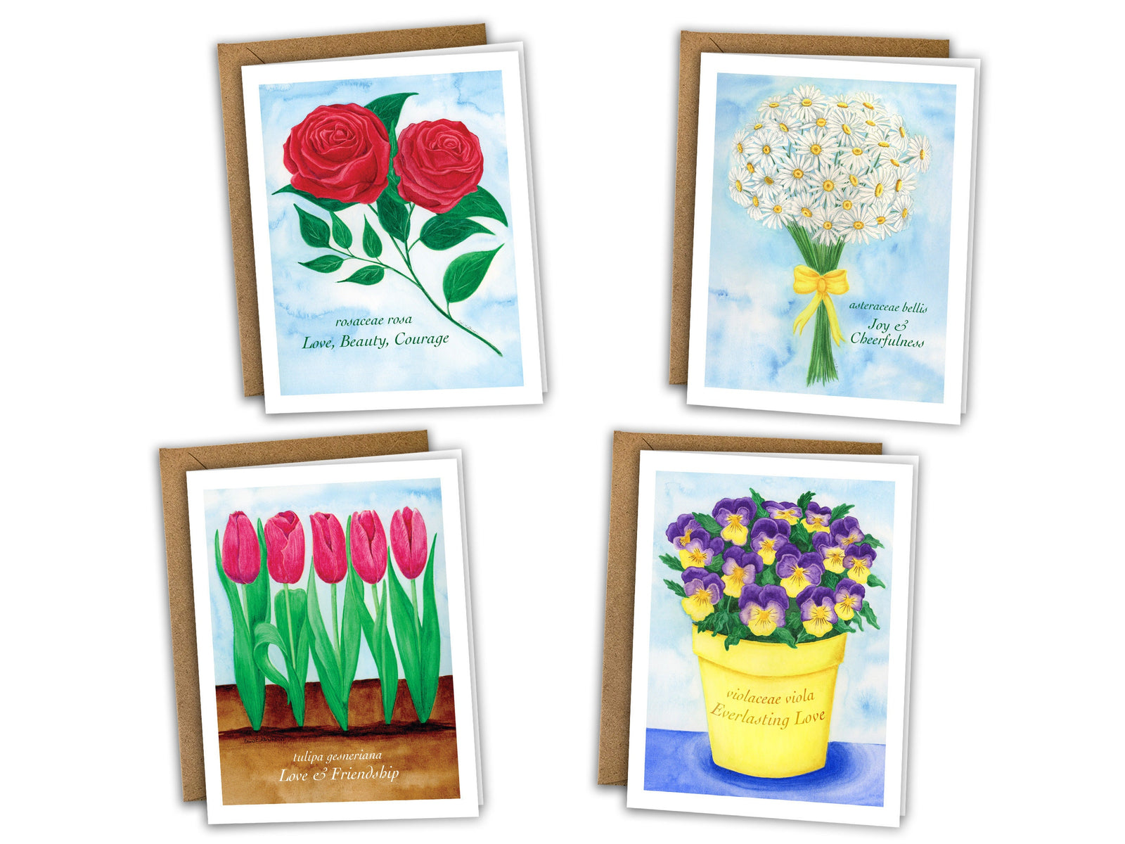 Set of four watercolor floral greeting cards with recycled kraft envelopes