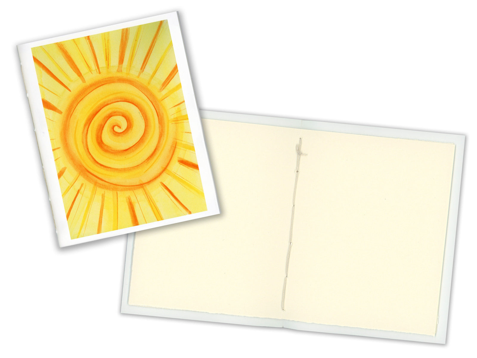 Hand stitched small journal open to show the linen thread binding and blank pages, sun cover