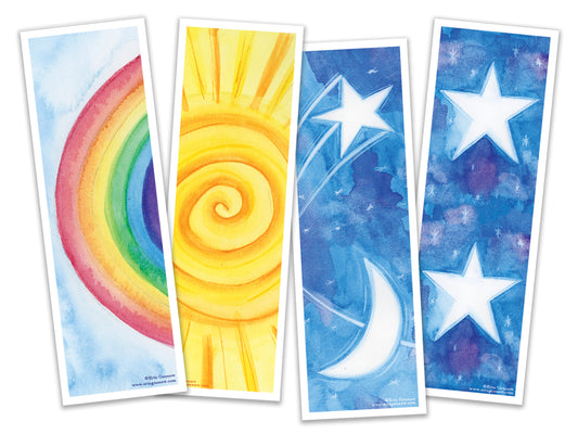 Bookmarks - Set of 4 - The Sky Series - Rainbow, Sun, Moon, Stars, Handmade, 100% cotton rag heavy weight paper