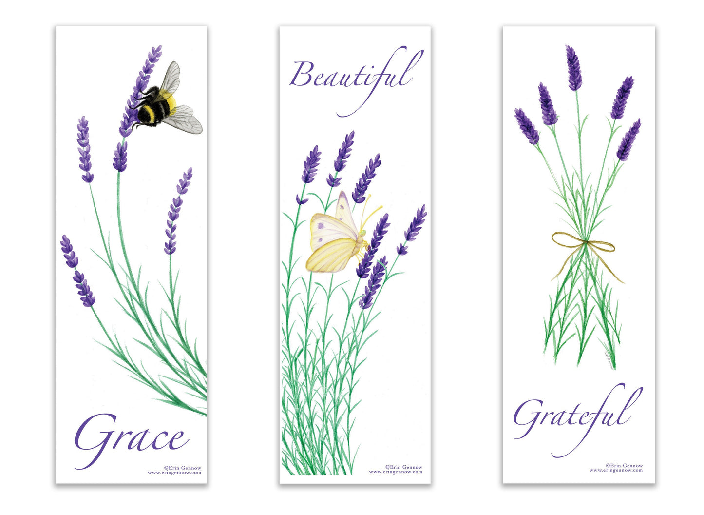 Bookmarks - Set of 4 - The Lavender Series - Bee, Butterfly, Handmade, 100% cotton rag heavy weight paper