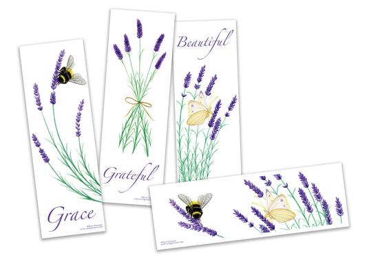 Bookmarks - Set of 4 - The Lavender Series - Bee, Butterfly, Handmade, 100% cotton rag heavy weight paper