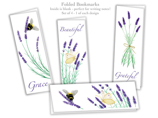 Folded Bookmarks - Set of 4 - The Lavender Series - Bee, Butterfly, Handmade, 100% cotton rag heavy weight paper