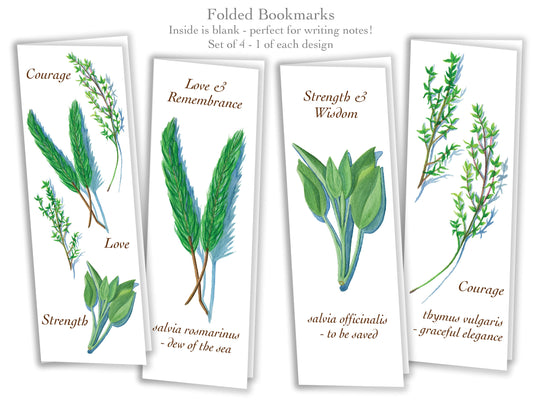 Folded Bookmarks - Set of 4 - Culinary Herb Series - Sage, Rosemary, Thyme, Handmade, 100% cotton rag heavy weight paper