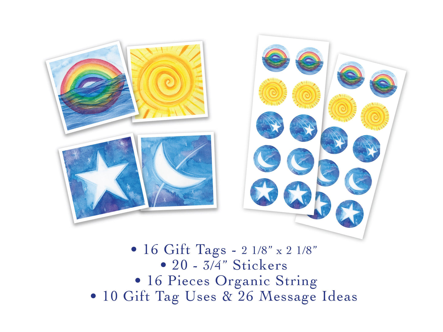 16 Gift Tags with 20 Stickers in Gift Box - The Sky Series - Rainbow, Sun, Moon, Stars, Handmade, 100% cotton rag heavy weight paper