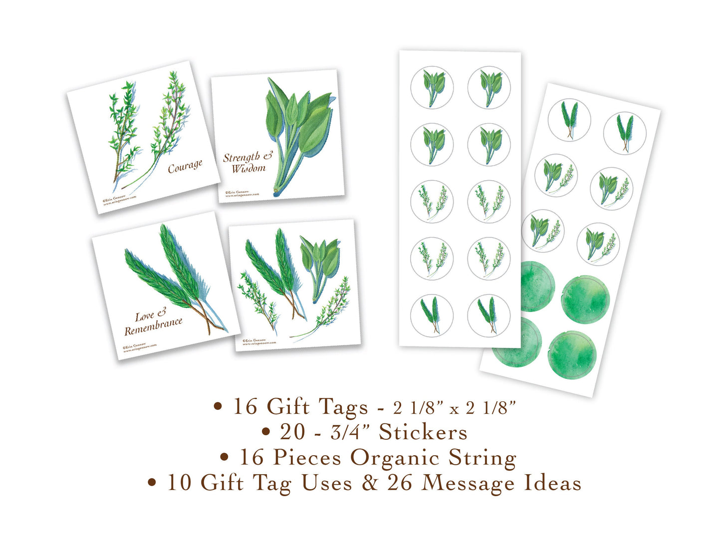 16 Gift Tags with 20 Stickers in Gift Box - The Culinary Herb Series - Rosemary, Sage, Thyme Handmade, 100% cotton rag heavy weight paper