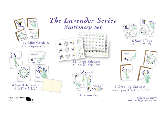 Stationery Set Lavender Series - 4 Hand Stitched Journals, 8 Greeting Card Set, 4 Bookmarks, 12 Small Gift Cards, 16 Gift Tags, 92 Stickers