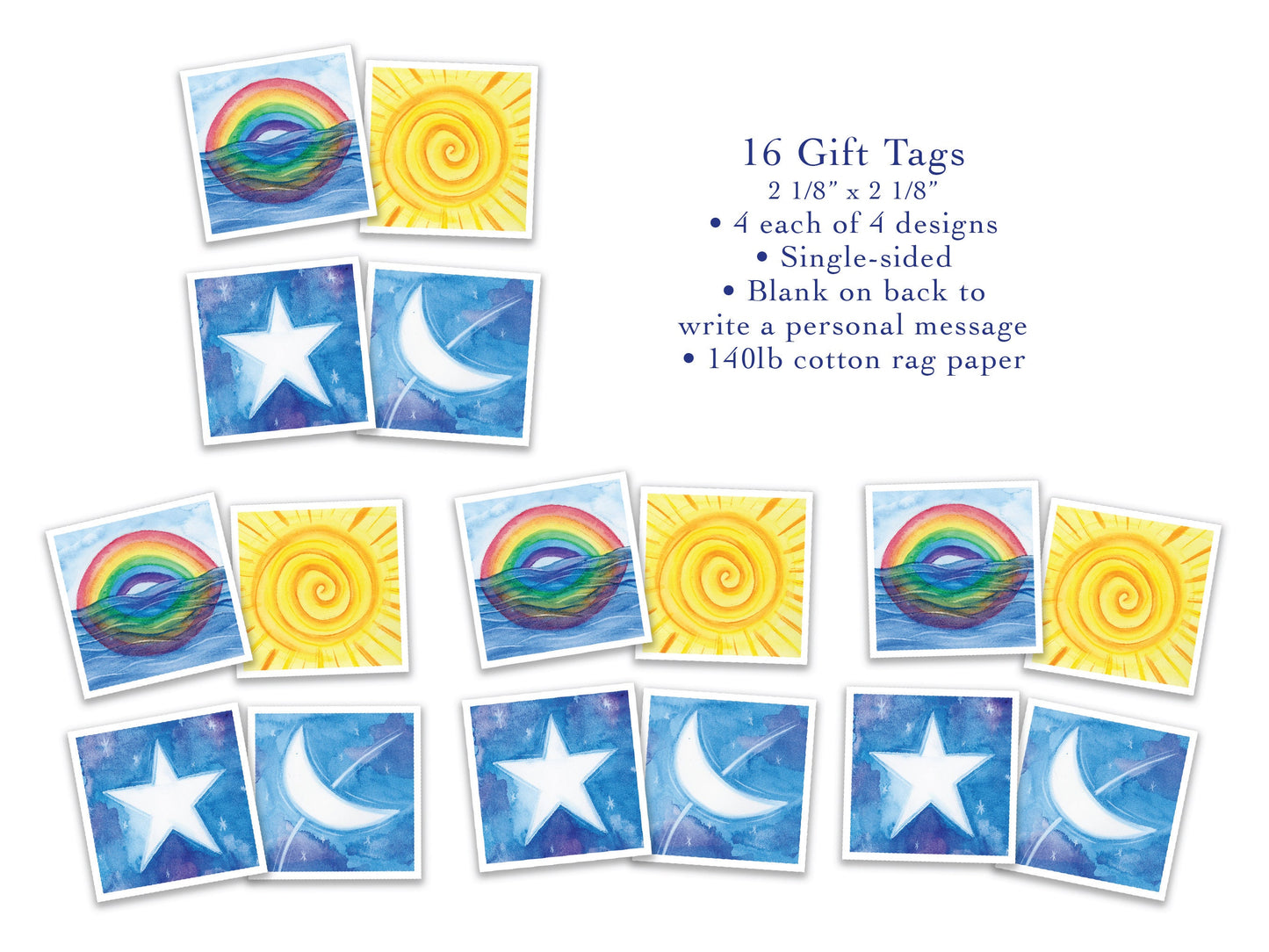 16 Gift Tags with 20 Stickers in Gift Box - The Sky Series - Rainbow, Sun, Moon, Stars, Handmade, 100% cotton rag heavy weight paper