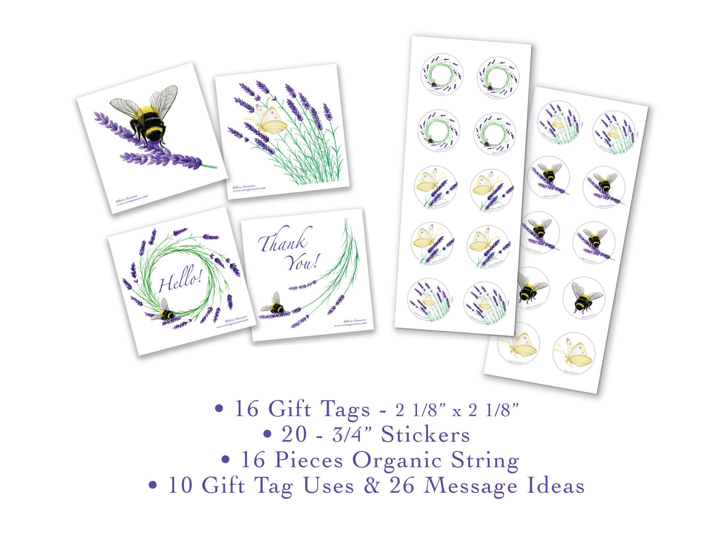 16 Gift Tags with 20 Stickers in Gift Box - The Lavender Series - Wreath, Bee, Butterfly, Hello Handmade, 100% cotton rag heavy weight paper