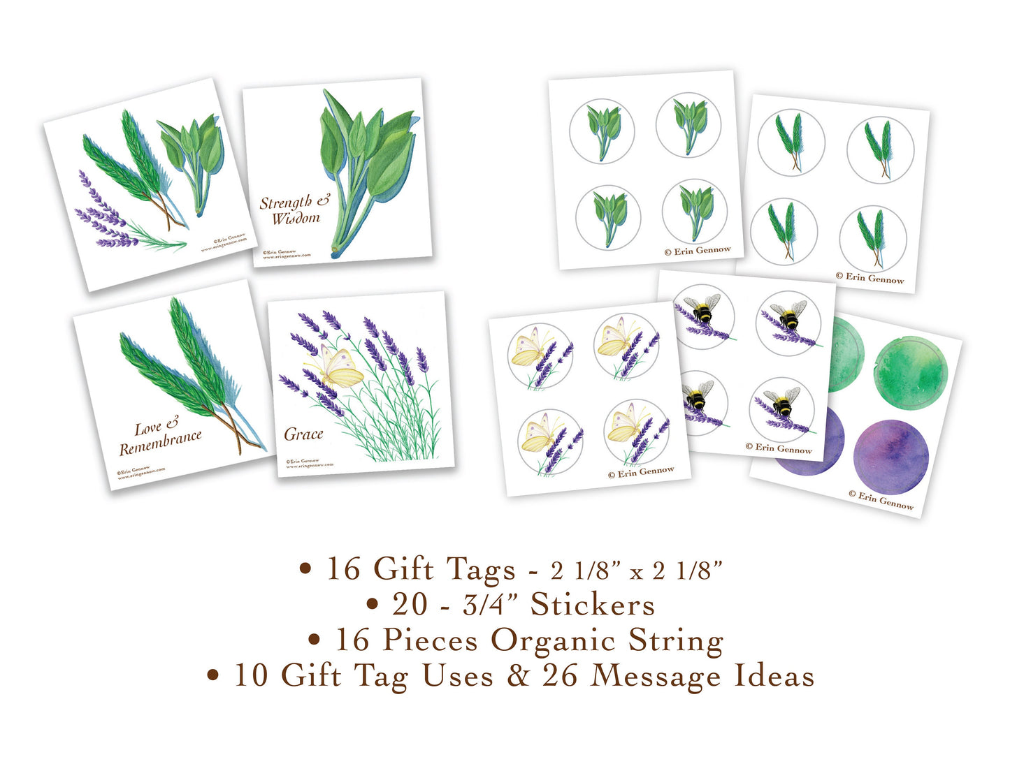 16 Gift Tags with 20 Stickers in Gift Box - The Herb Series 2 - Lavender, Rosemary, Sage Handmade, 100% cotton rag heavy weight paper