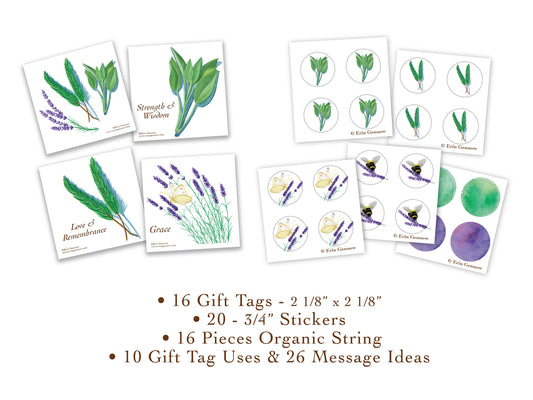 16 Gift Tags with 20 Stickers in Gift Box - The Herb Series 2 - Lavender, Rosemary, Sage Handmade, 100% cotton rag heavy weight paper
