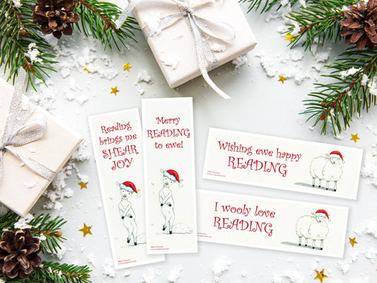 Bookmarks - Set of 4 - Holiday Sheep Series - Holiday Sheep, Santa Sheep, Merry Reading, Handmade, 100% cotton rag heavy weight paper